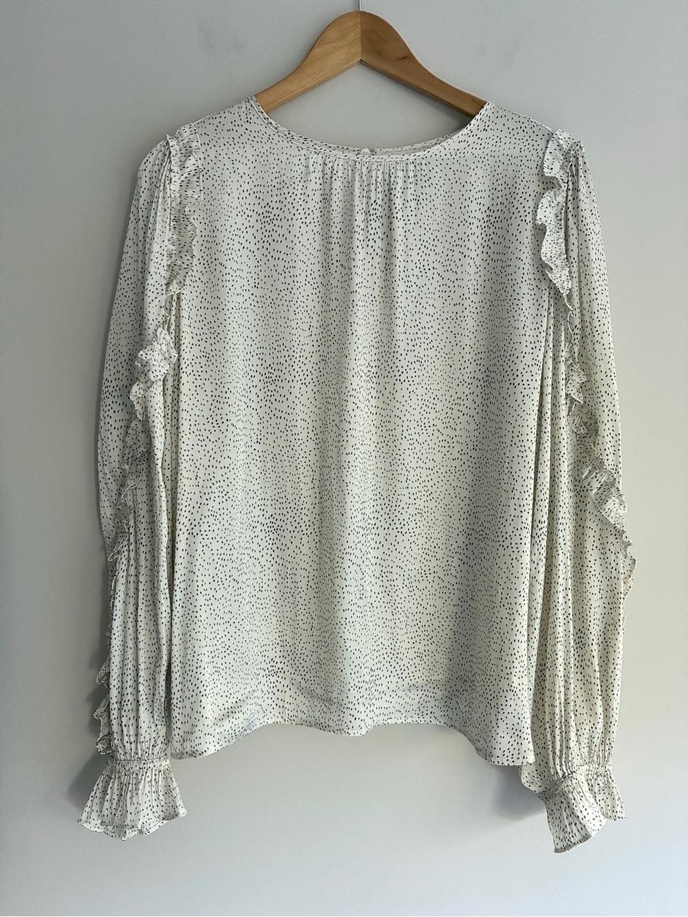 LOFT Cream Blouse with Black Dot Print and Ruffle Trim Extra Large